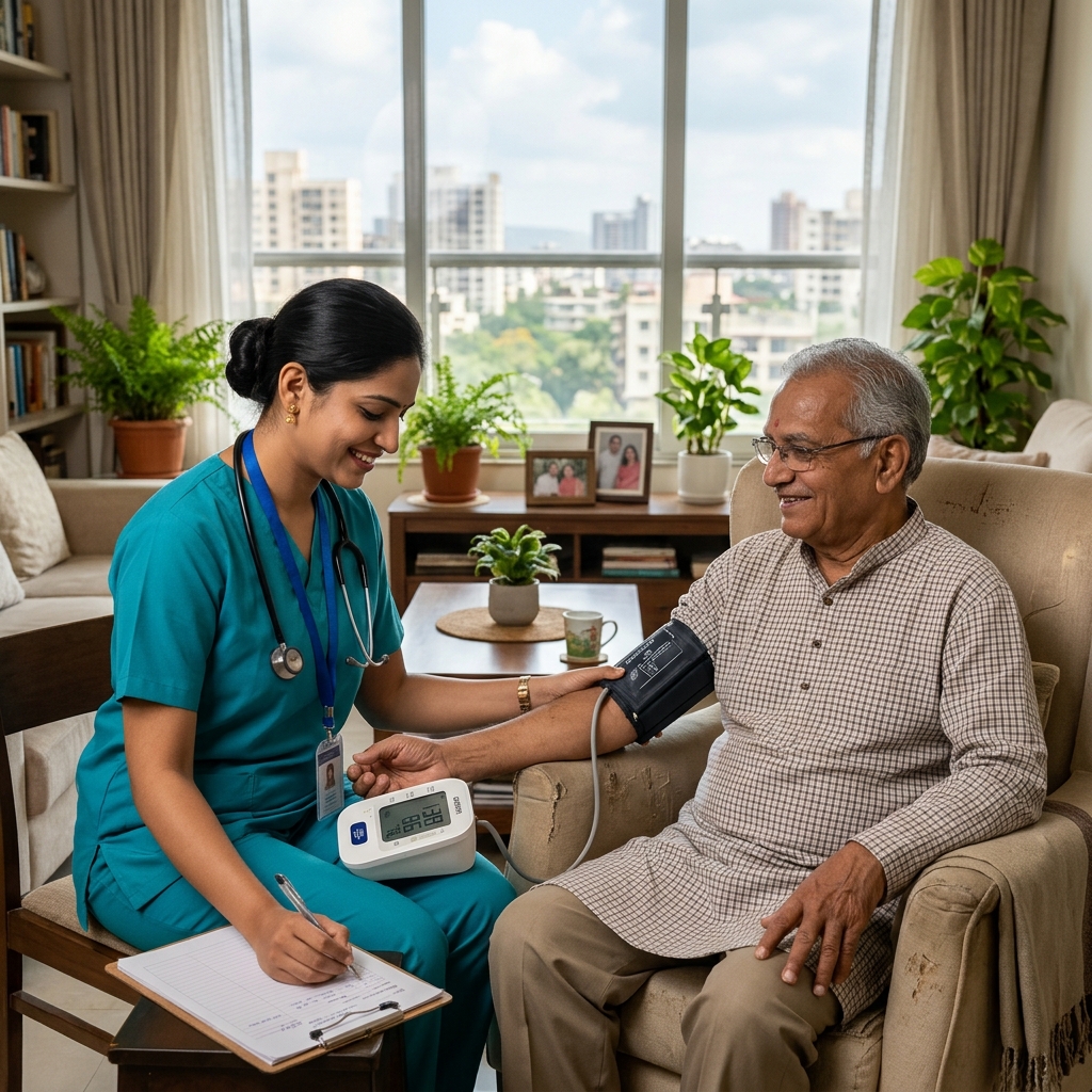 Nurse checking a patient's vitals at home