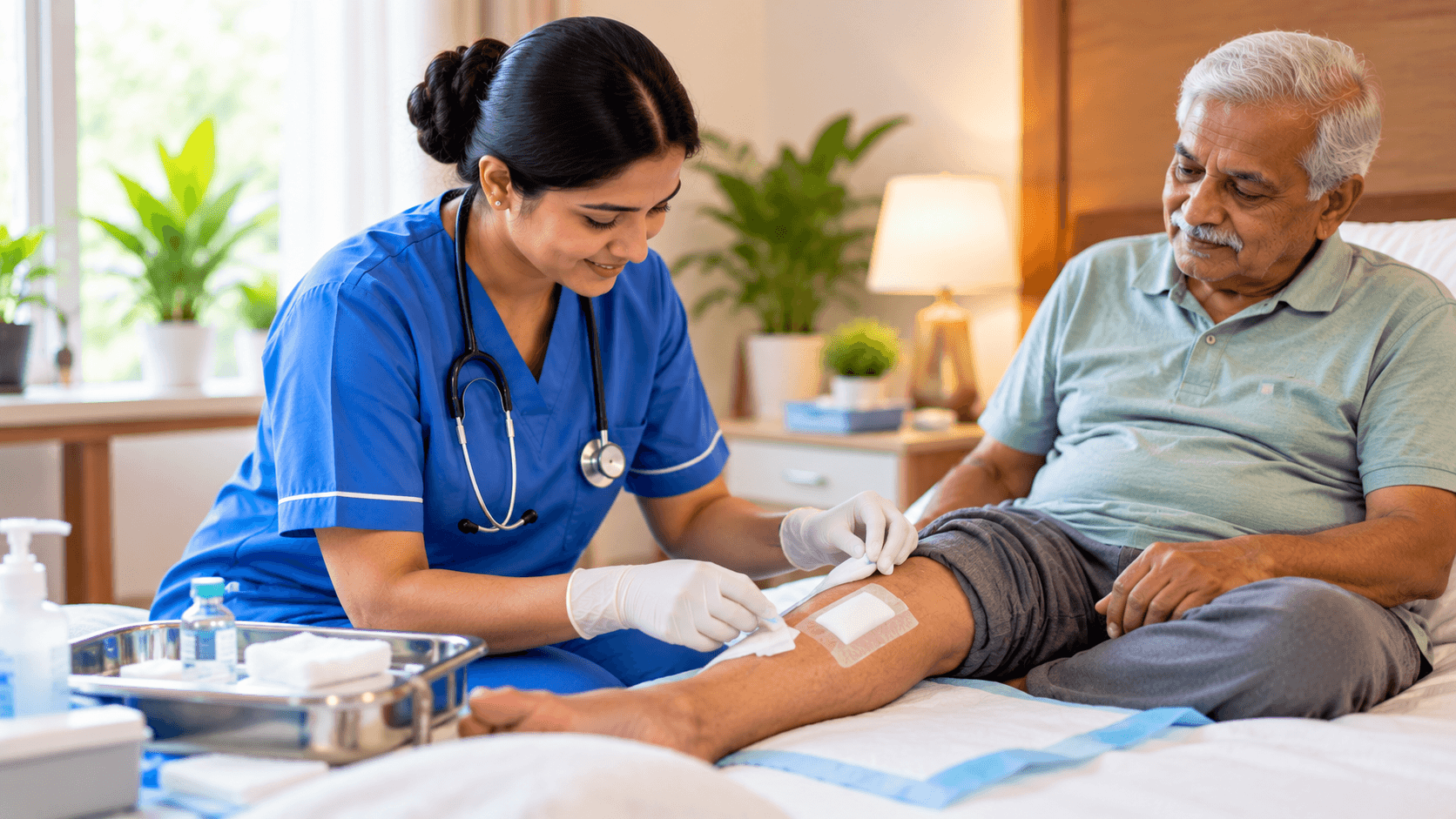 Nurse doing sterile wound dressing